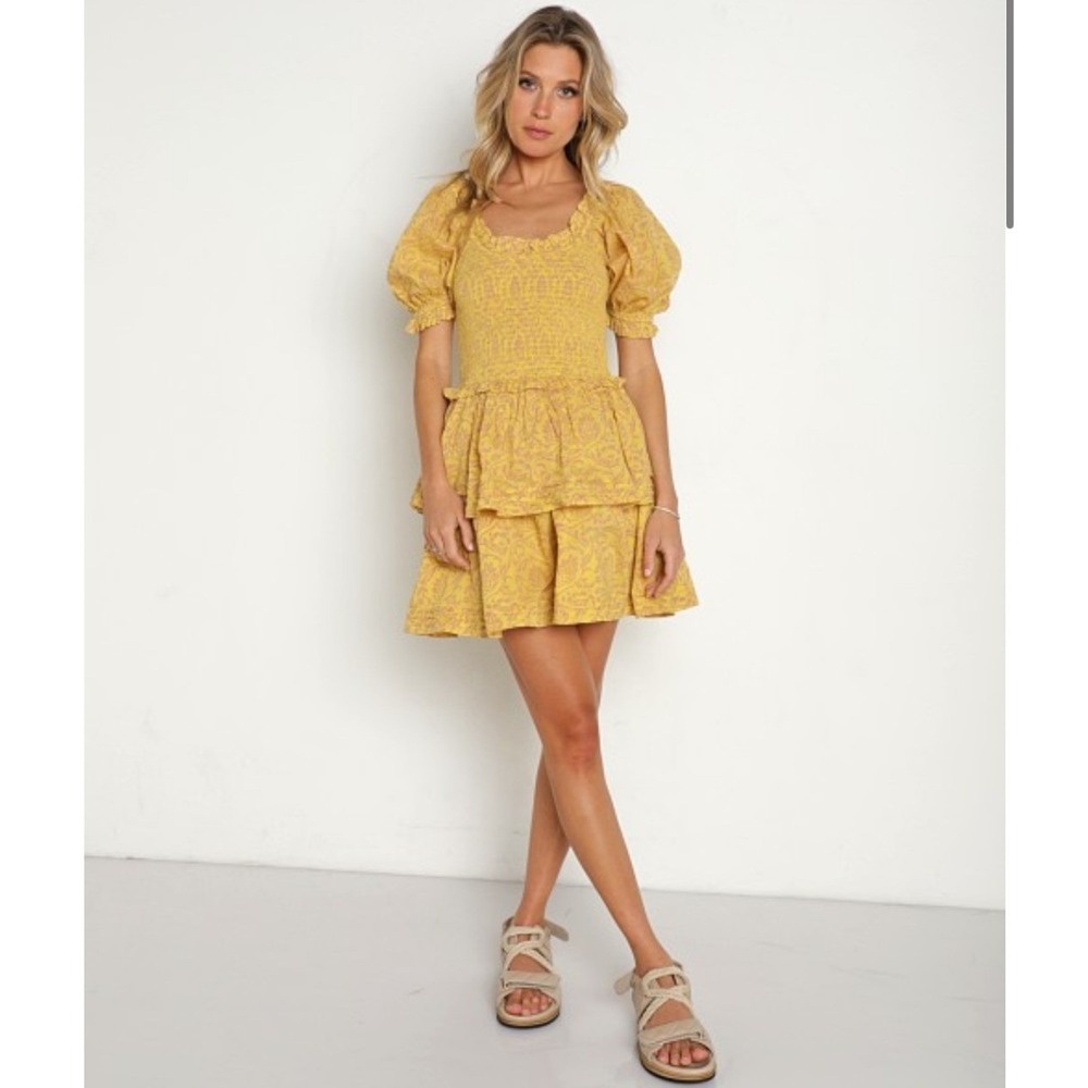 Cleobella Luna Mini Dress Medium Camellia‎ $208 Yellow Puff Sleeve Tiered Ruffle